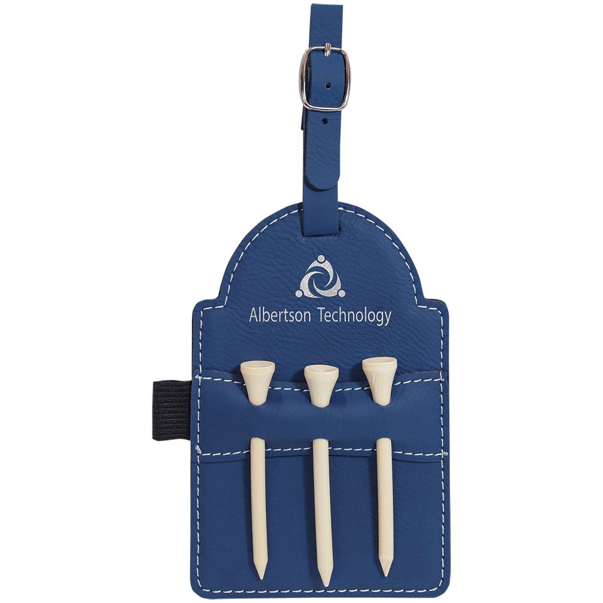 Engraved Leatherette Golf Bag Tag with 3 Wooden Tees - Blue/Silver