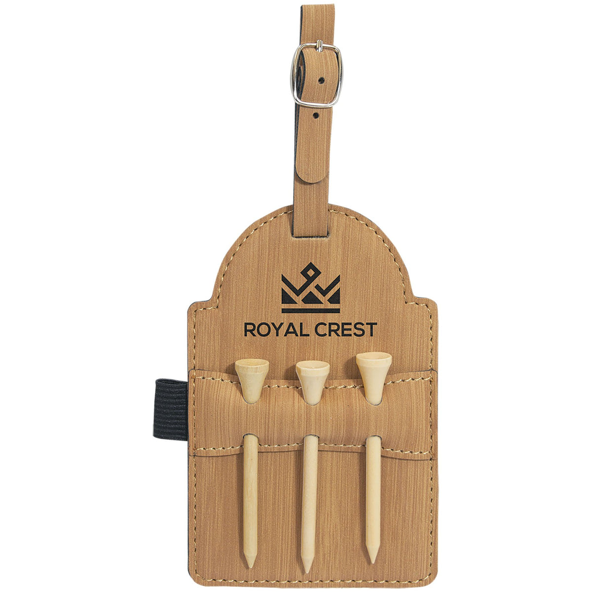 Engraved Leatherette Golf Bag Tag with 3 Wooden Tees - Bamboo