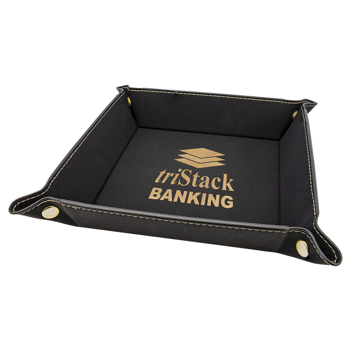 Engraved Leatherette Snap Up Tray - Black/Gold (Gold Snaps) / 6 x 6 in
