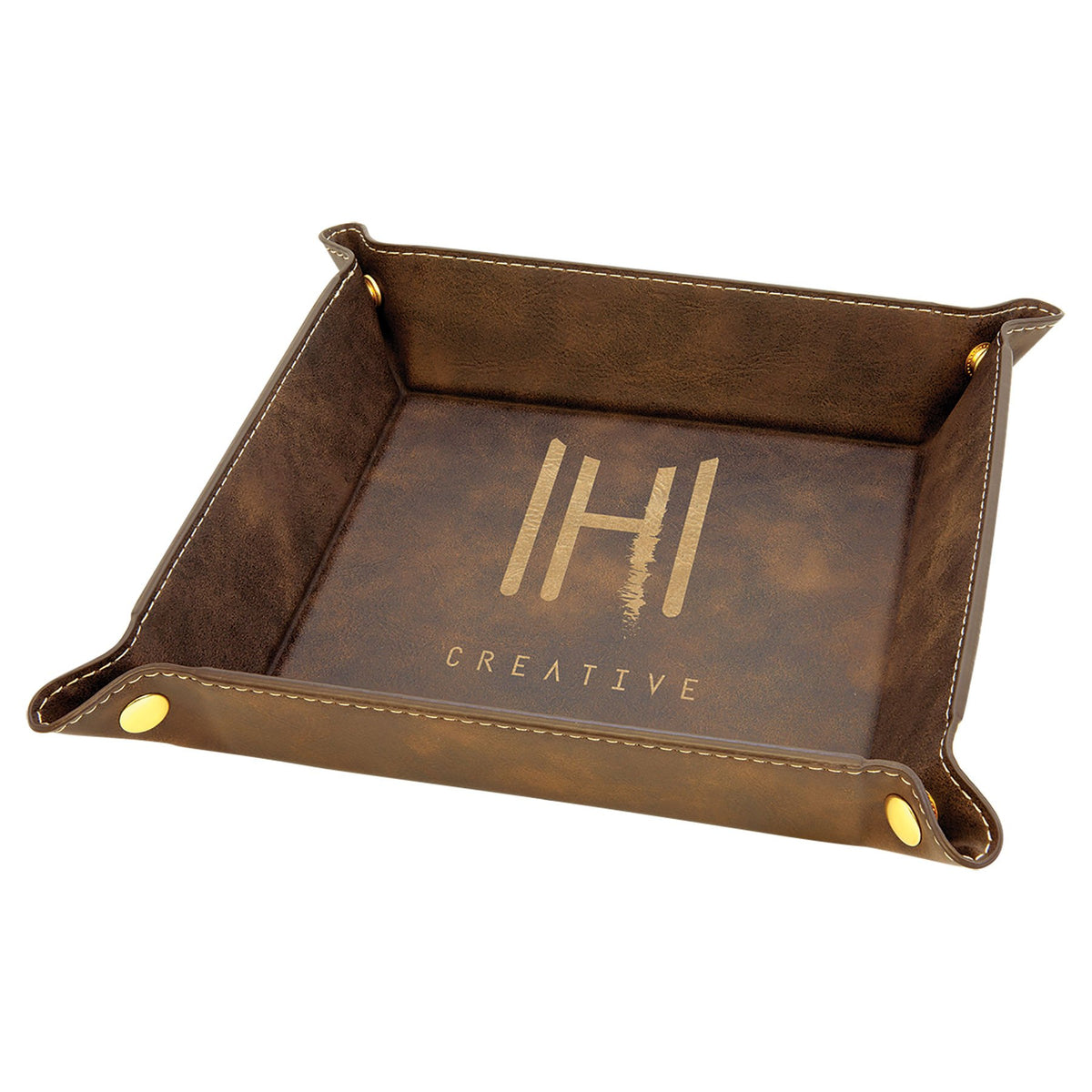 Engraved Leatherette Snap Up Tray - Rustic/Gold (Gold Snaps) / 6 x 6 in