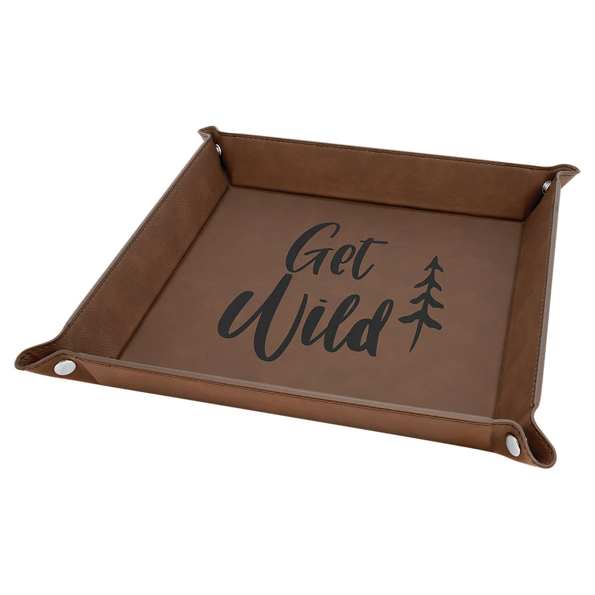 Engraved Leatherette Snap Up Tray - Dark Brown (Silver Snaps) / 9 x 9 in