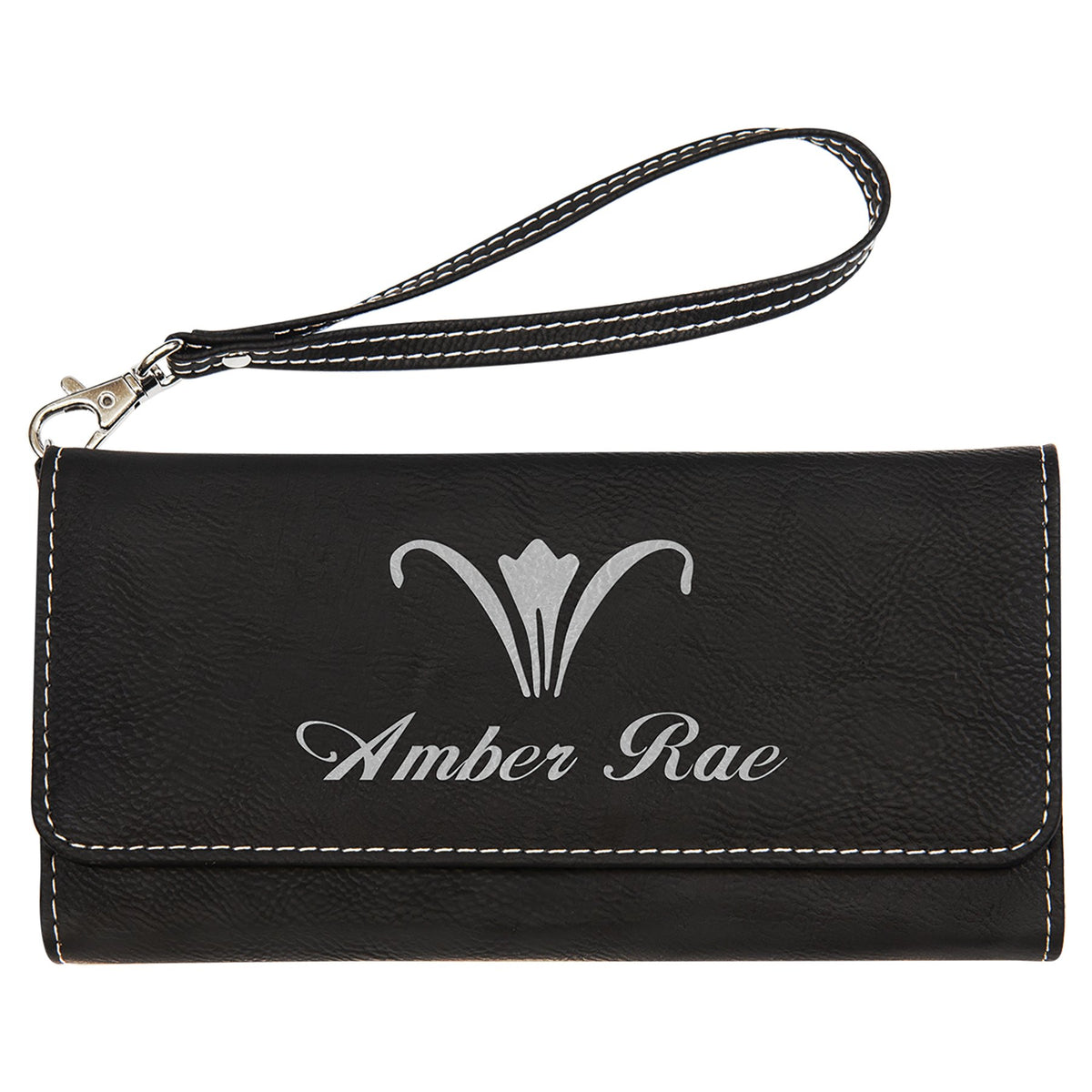 Engraved Leatherette Wallet with Strap - Black/Silver