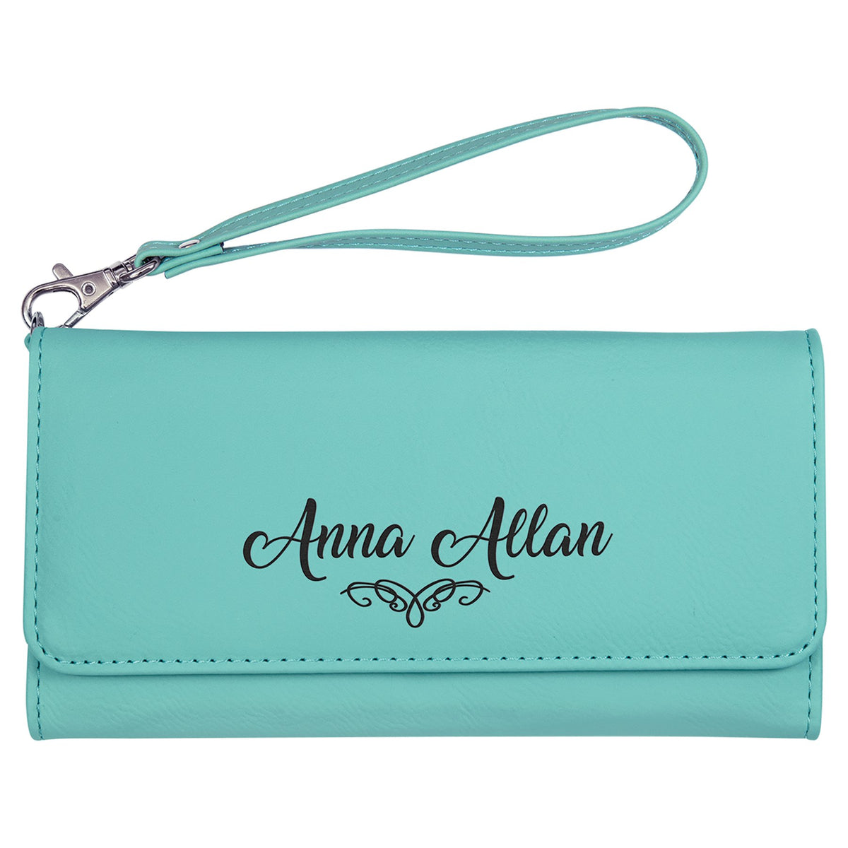 Engraved Leatherette Wallet with Strap - Teal