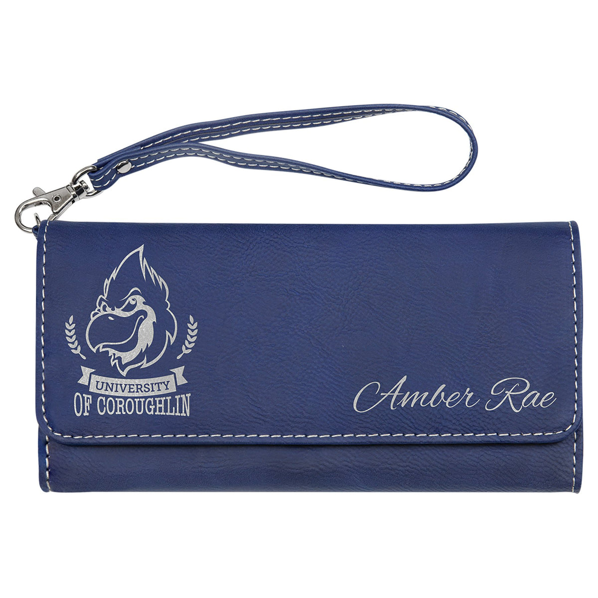Engraved Leatherette Wallet with Strap - Blue/Silver