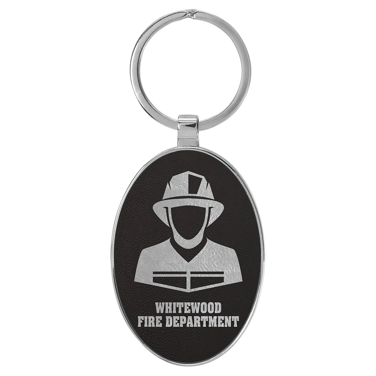 Engraved Leatherette and Metal Oval Keychain - Black/Silver