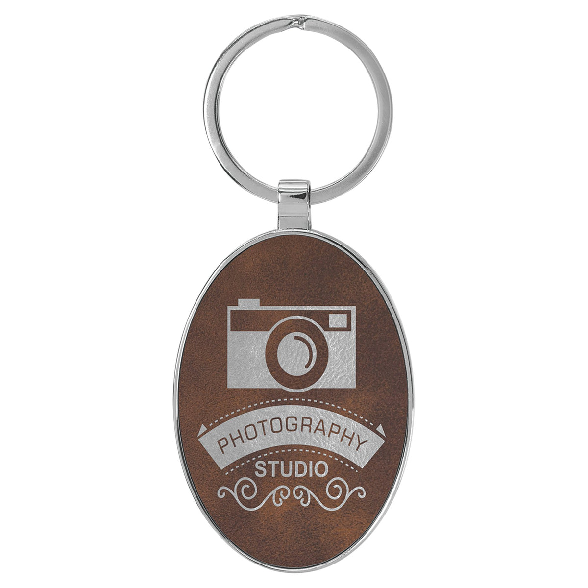 Engraved Leatherette and Metal Oval Keychain - Rustic/Silver