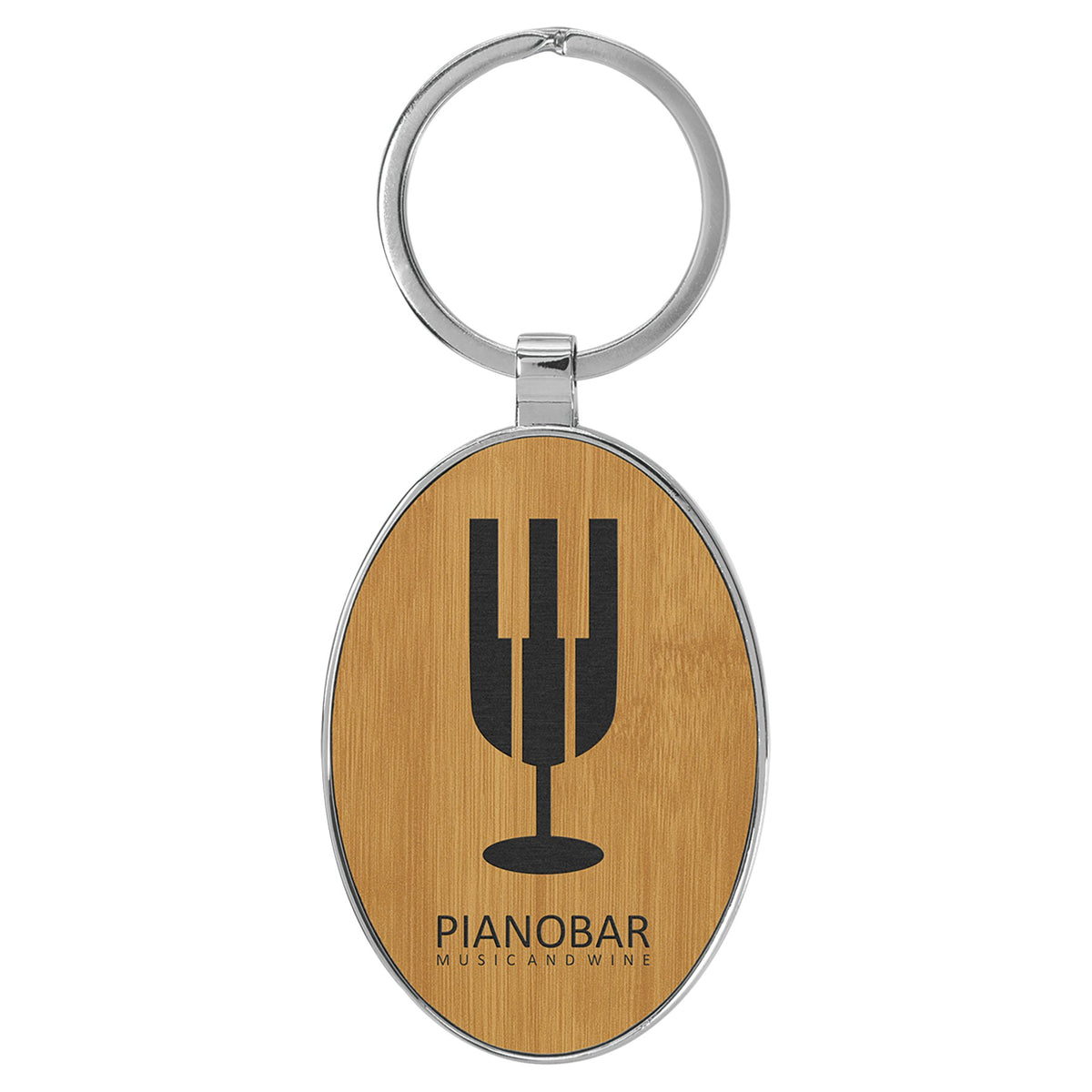 Engraved Leatherette and Metal Oval Keychain - Bamboo