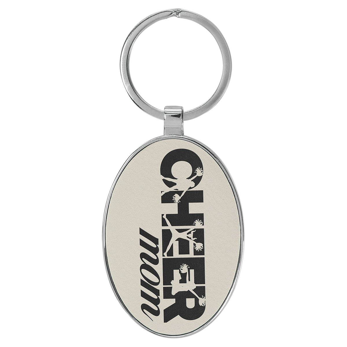Engraved Leatherette and Metal Oval Keychain - White