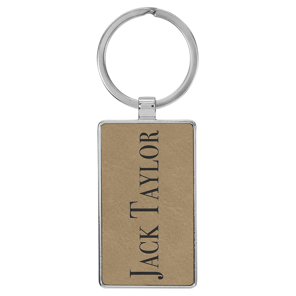 Engraved Leatherette and Metal Rectangle Keychain - Light Brown