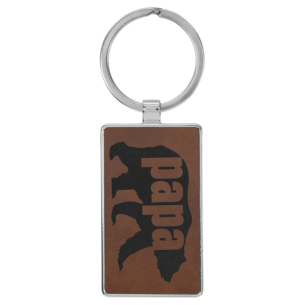 Engraved Leatherette and Metal Rectangle Keychain - Dark Brown