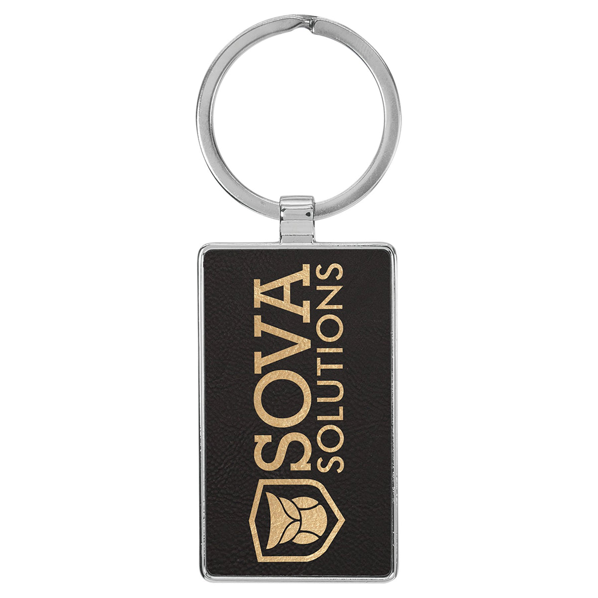 Engraved Leatherette and Metal Rectangle Keychain - Black/Gold