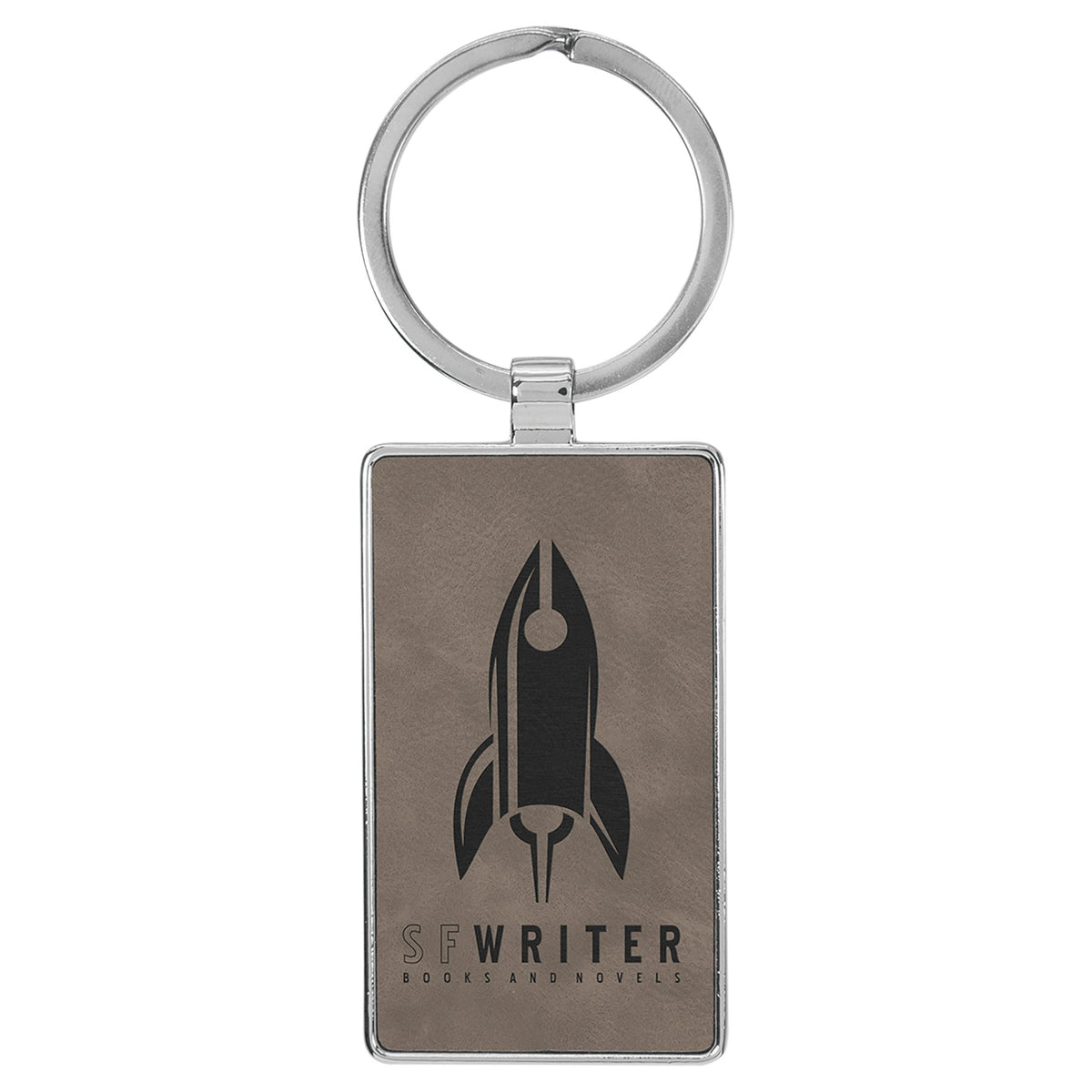 Engraved Leatherette and Metal Rectangle Keychain - Gray