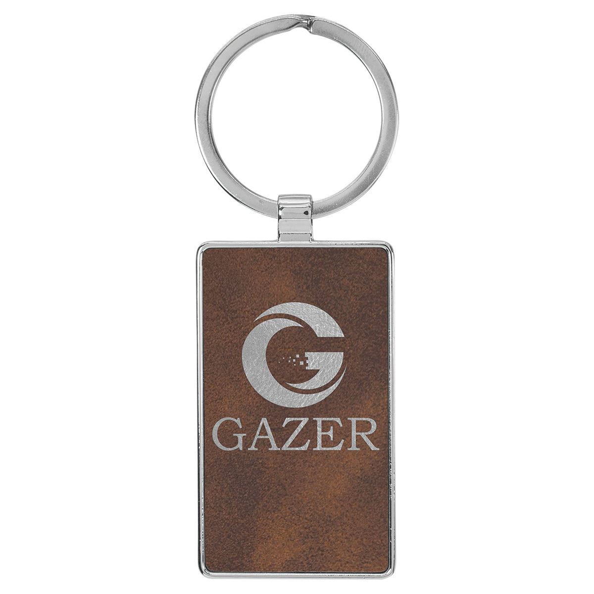Engraved Leatherette and Metal Rectangle Keychain - Rustic/Silver