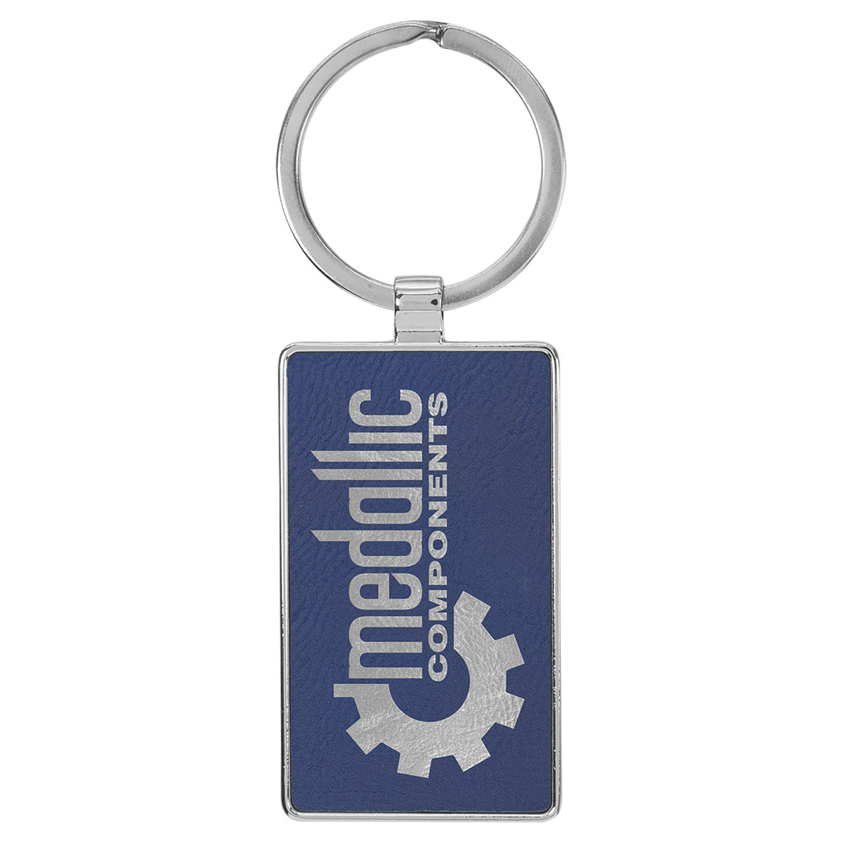 Engraved Leatherette and Metal Rectangle Keychain - Blue/Silver