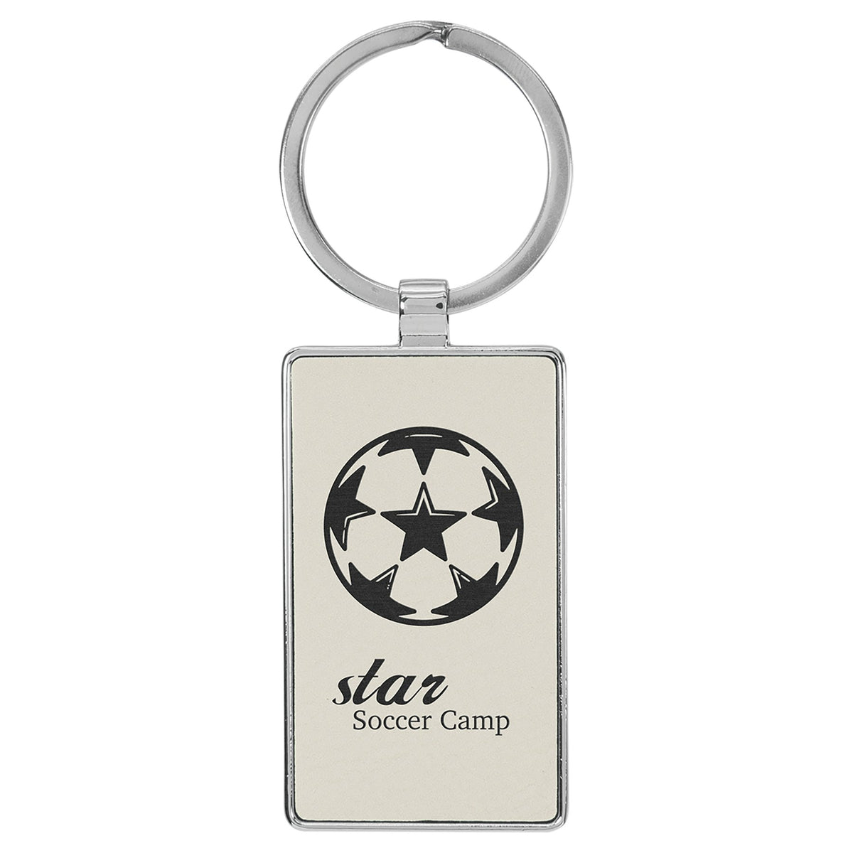 Engraved Leatherette and Metal Rectangle Keychain - White
