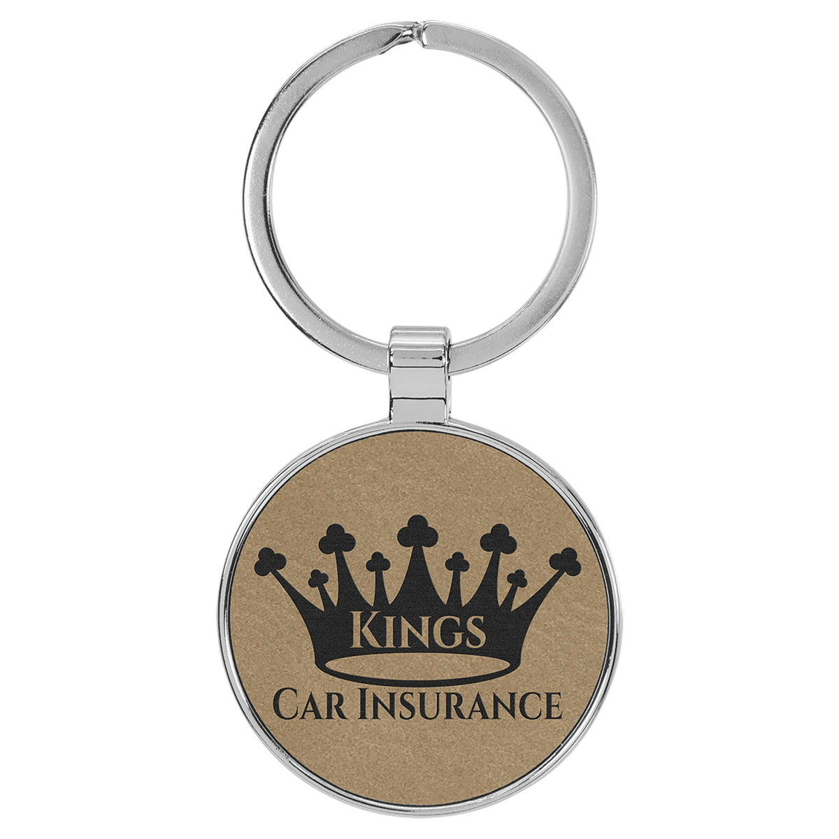Engraved Leatherette and Metal Round Keychain - Light Brown
