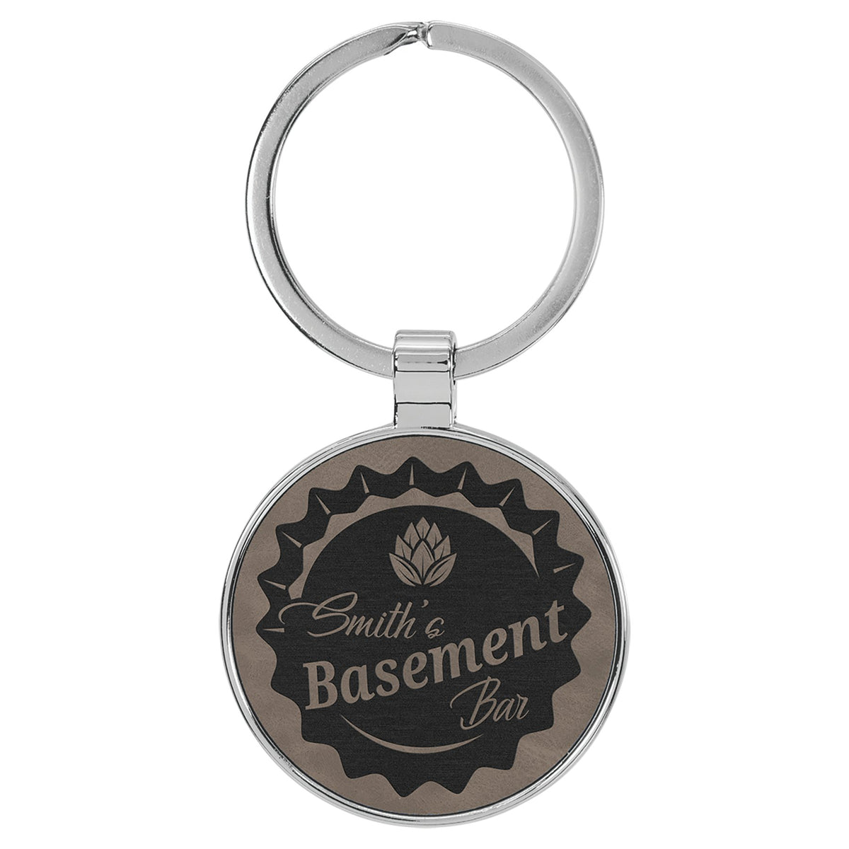 Engraved Leatherette and Metal Round Keychain - Gray