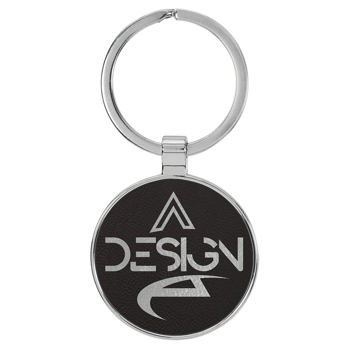Engraved Leatherette and Metal Round Keychain - Black/Silver
