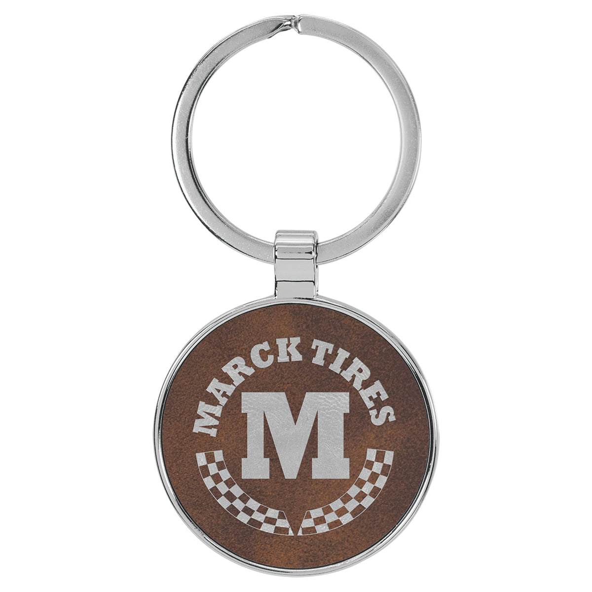 Engraved Leatherette and Metal Round Keychain - Rustic/Silver