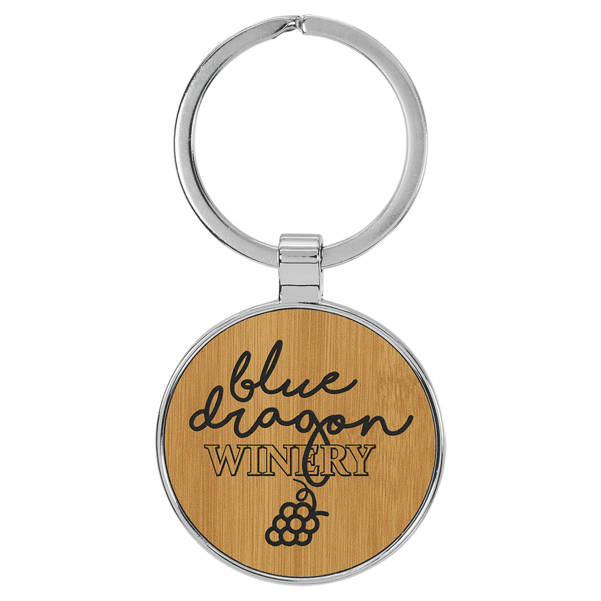 Engraved Leatherette and Metal Round Keychain - Bamboo