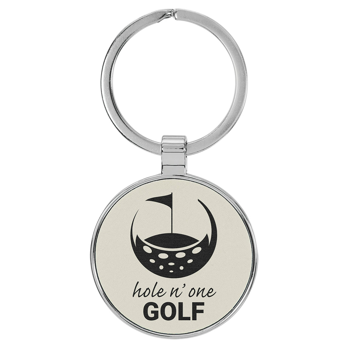 Engraved Leatherette and Metal Round Keychain - White