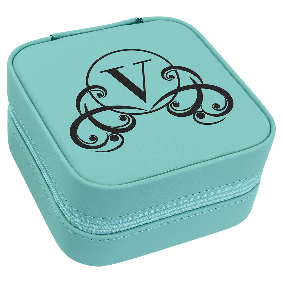 Engraved Leatherette Travel Jewelry Box with Lining - Teal / Tan Lining