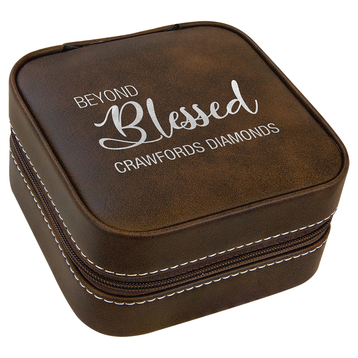 Engraved Leatherette Travel Jewelry Box with Lining - Rustic/Silver / Tan Lining