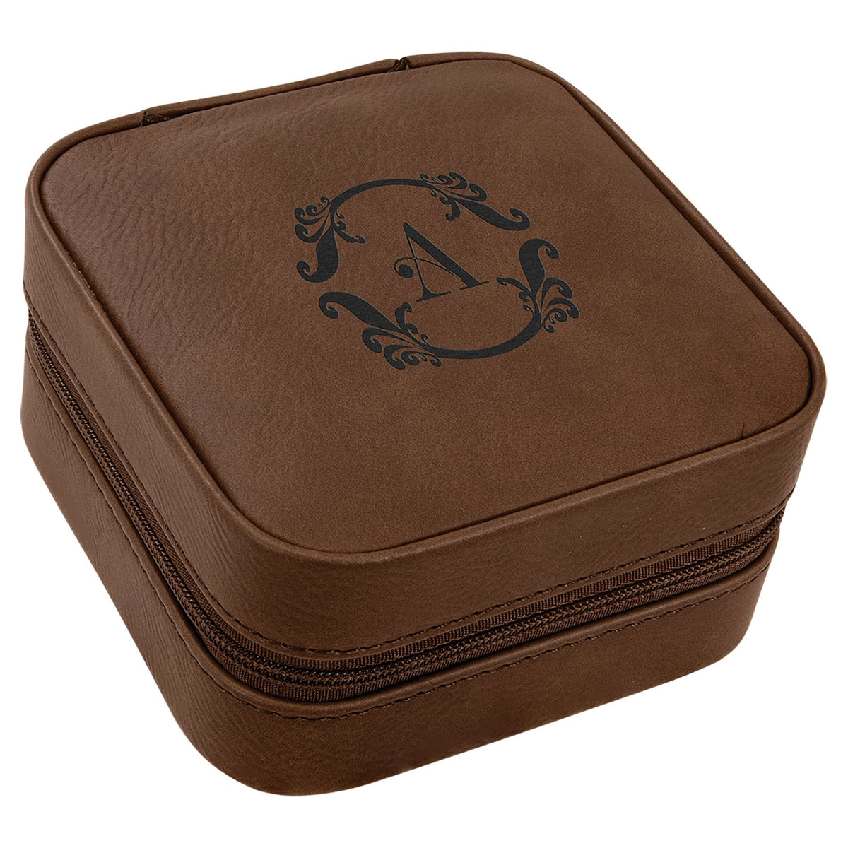 Engraved Leatherette Travel Jewelry Box with Lining - Dark Brown / Black Lining