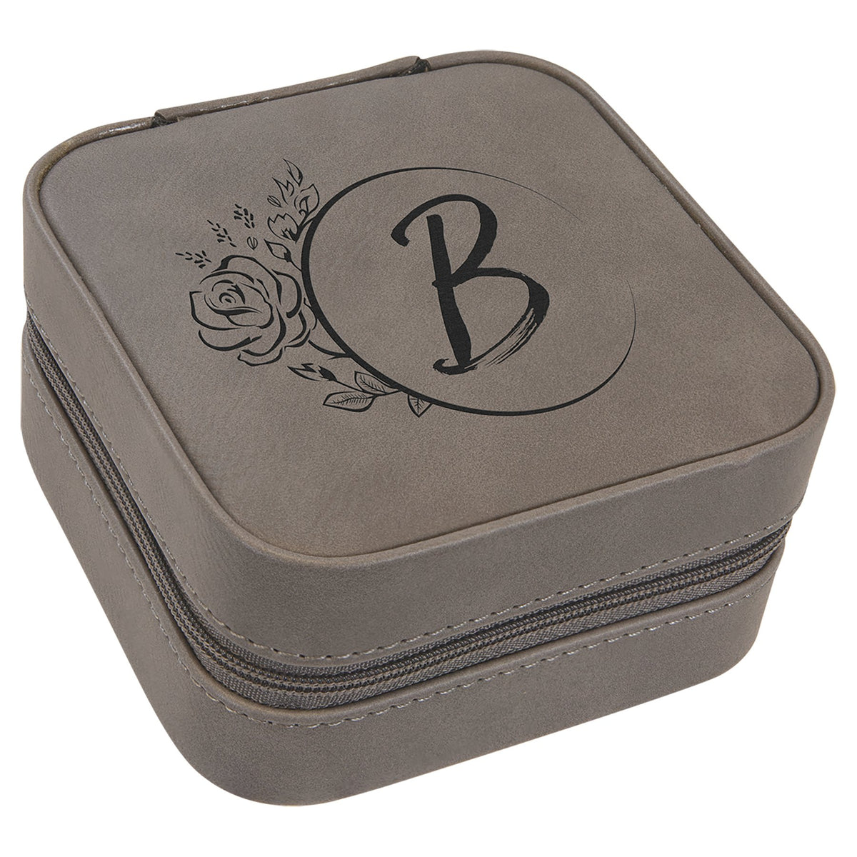 Engraved Leatherette Travel Jewelry Box with Lining - Gray / Black Lining