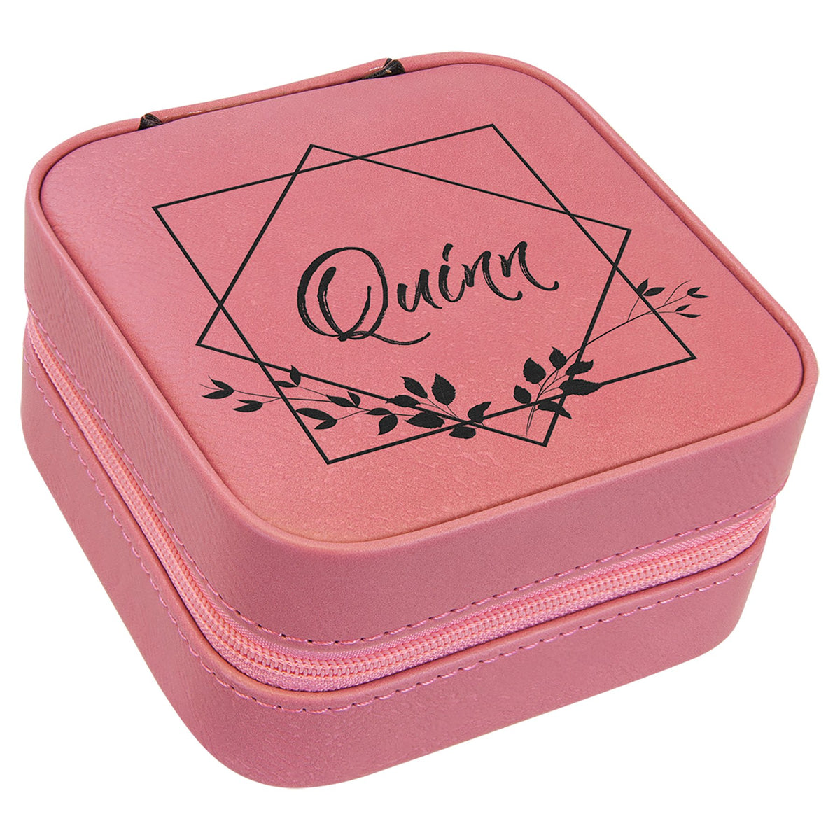 Engraved Leatherette Travel Jewelry Box with Lining - Pink / Black Lining