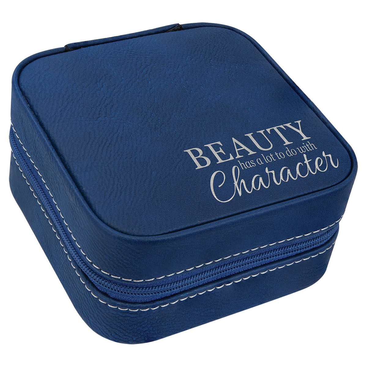 Engraved Leatherette Travel Jewelry Box with Lining - Blue/Silver / Black Lining