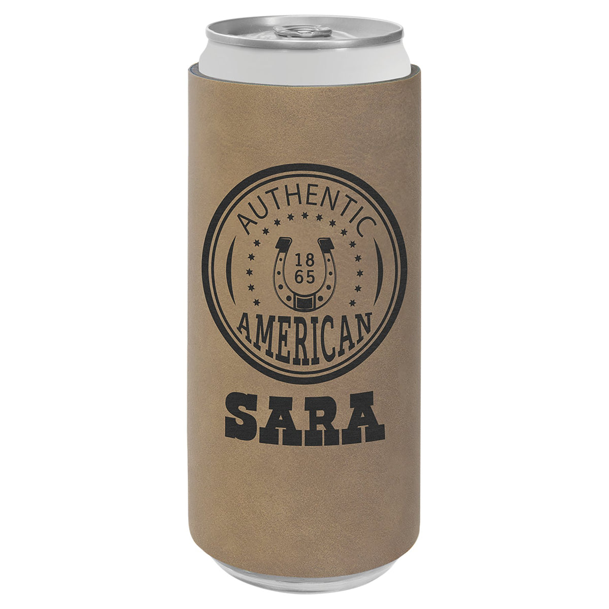Engraved Leatherette Slim Beverage Holder - Light Brown