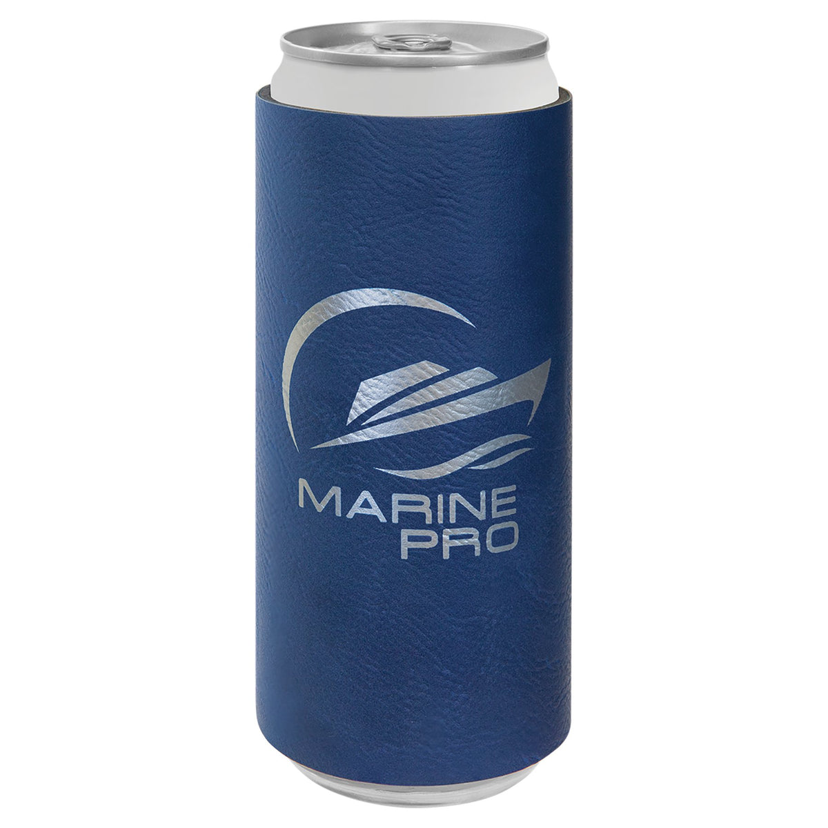 Engraved Leatherette Slim Beverage Holder - Blue/Silver