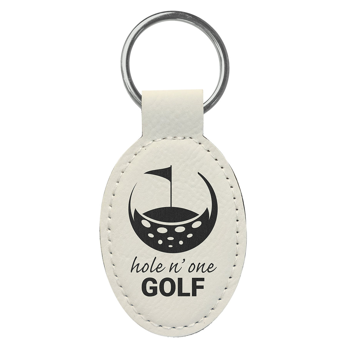 Engraved Leatherette Oval Keychain - White