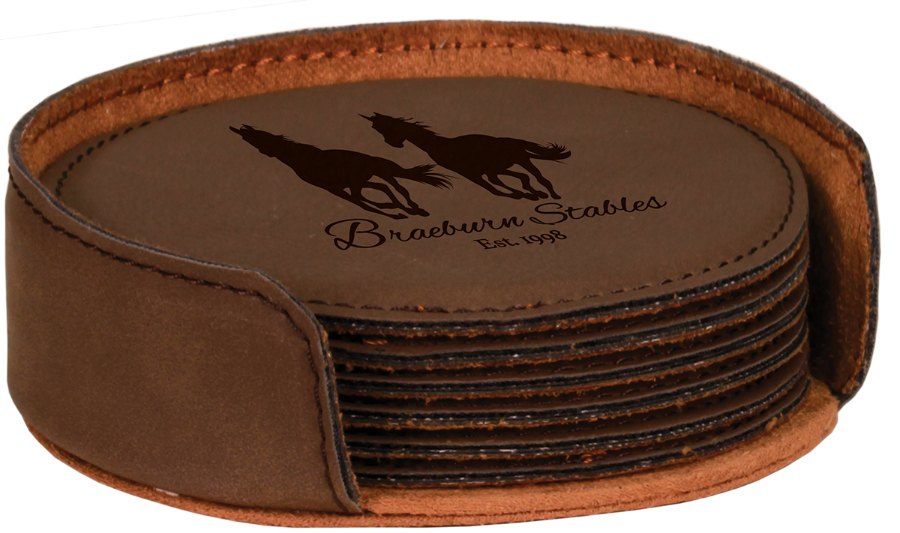 Engraved Round Leatherette 6-Coaster Set - Dark Brown