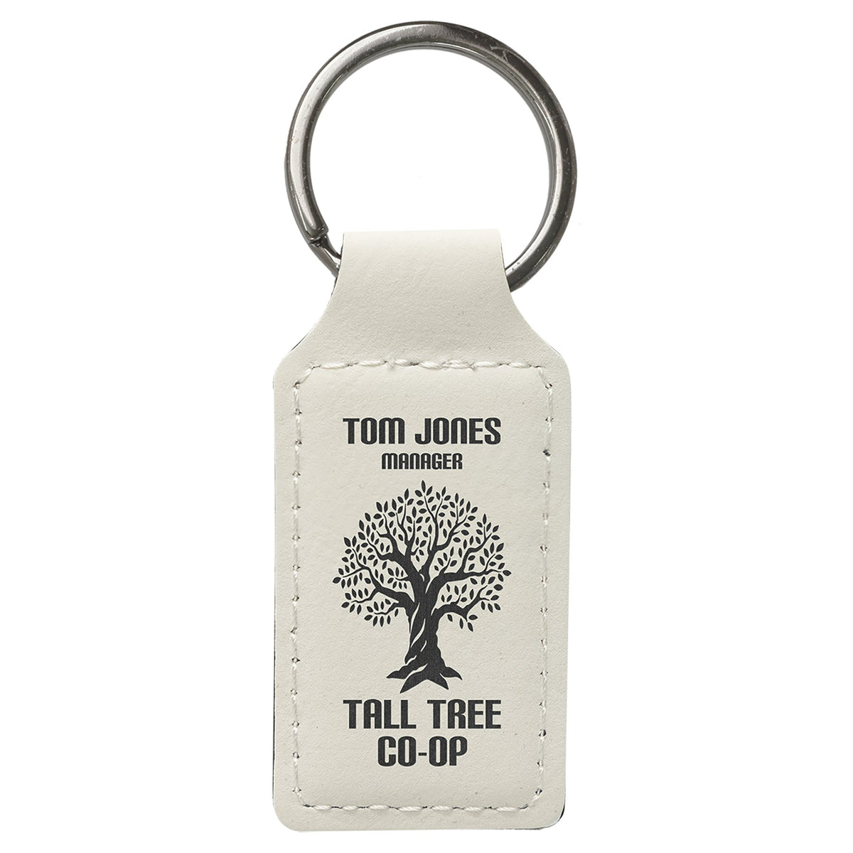 Engraved Leatherette Rectangle Keychain - White