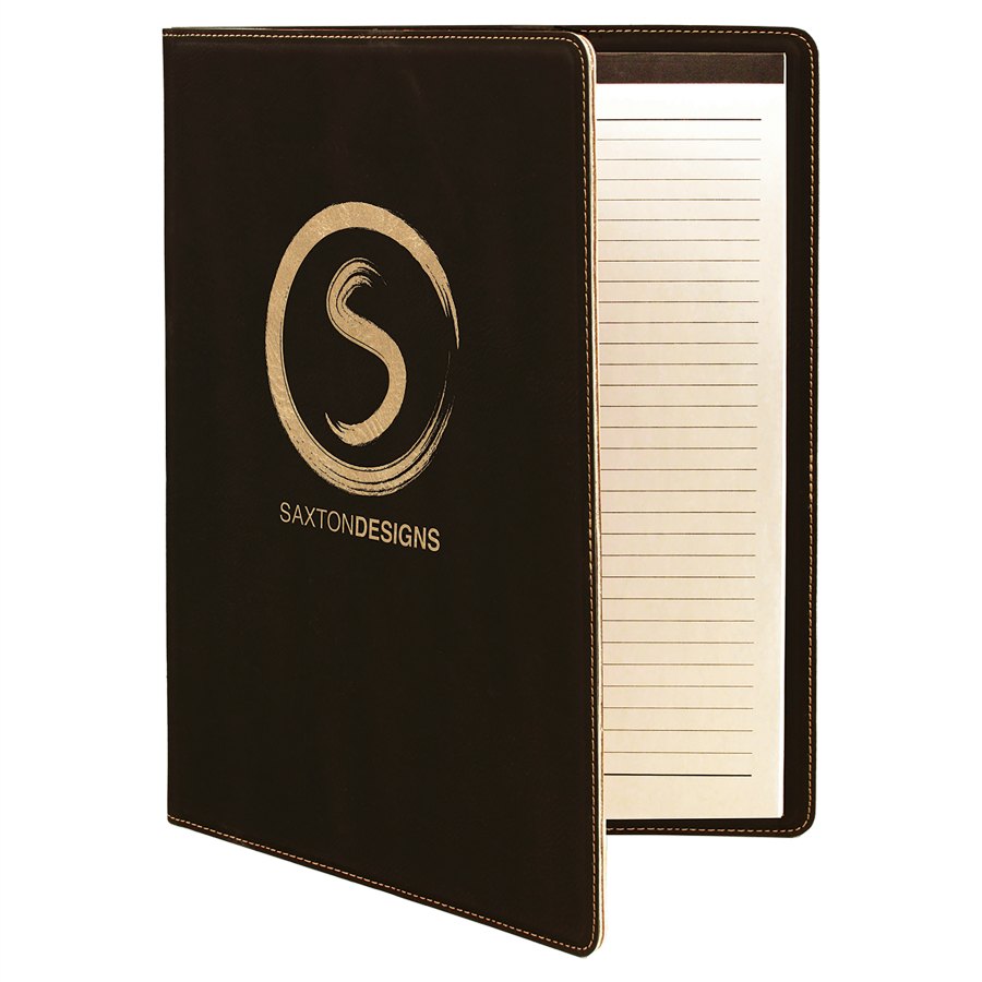 Engraved Leatherette Portfolio with Notepad - Black/Gold / Large (9 1/2 x 12 in)
