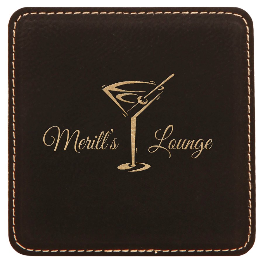 Engraved Square Leatherette Coaster - Black/Gold