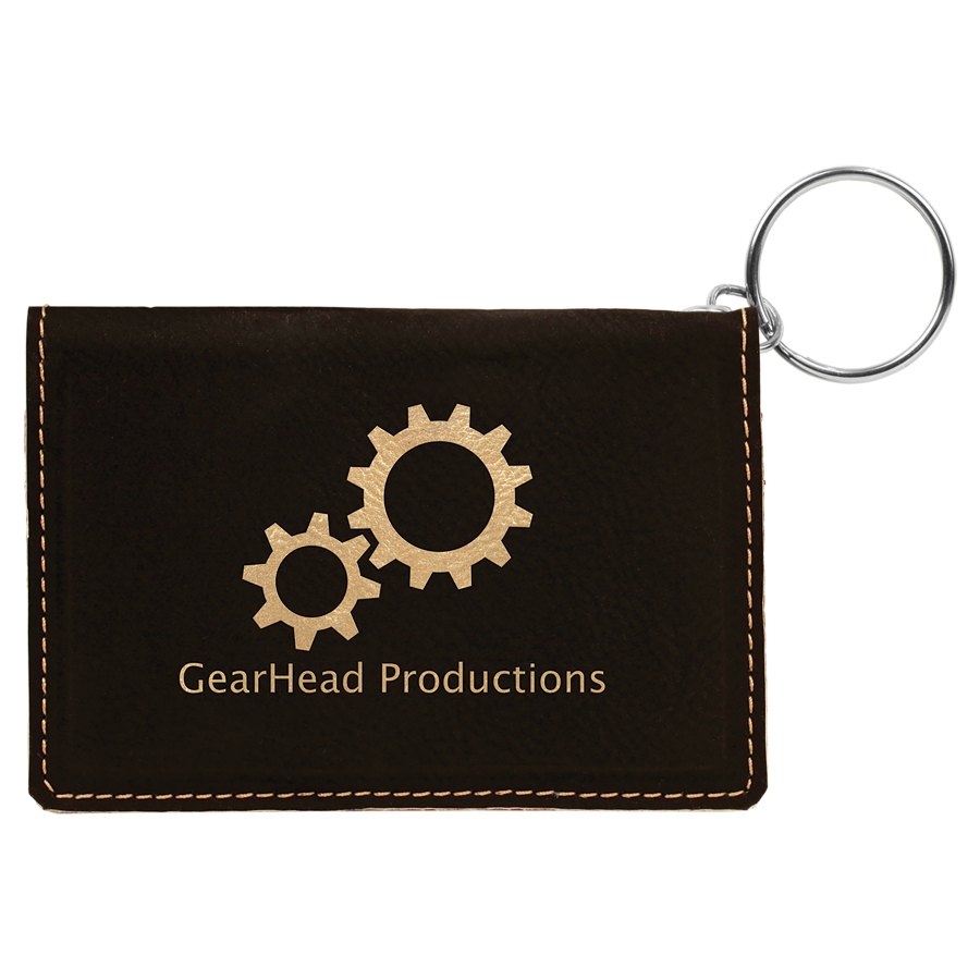 Engraved Leatherette Keychain ID Holder - Black/Gold