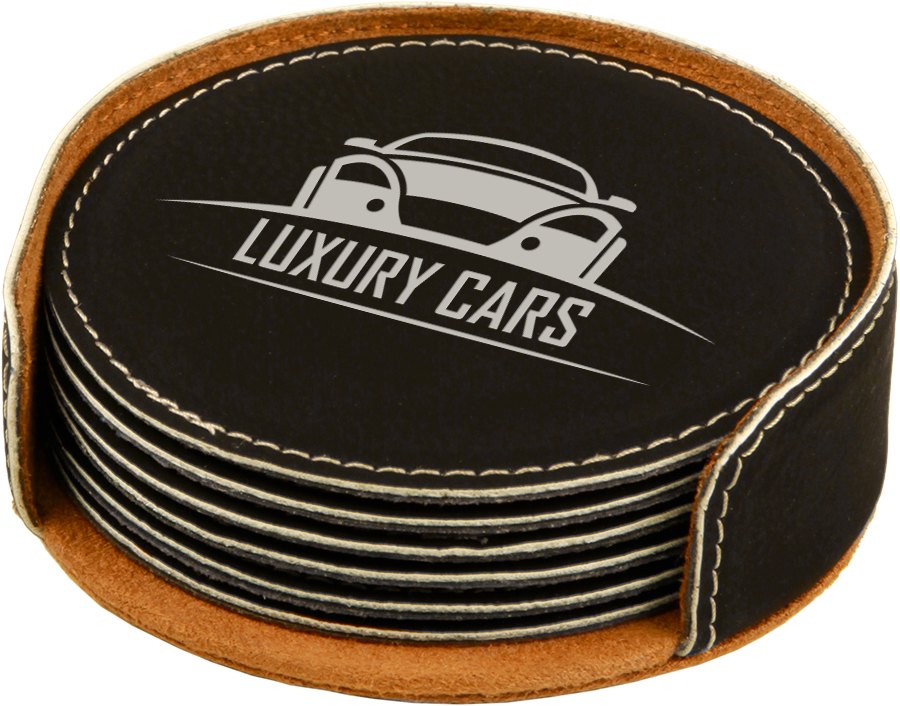 Engraved Round Leatherette 6-Coaster Set - Black/Silver