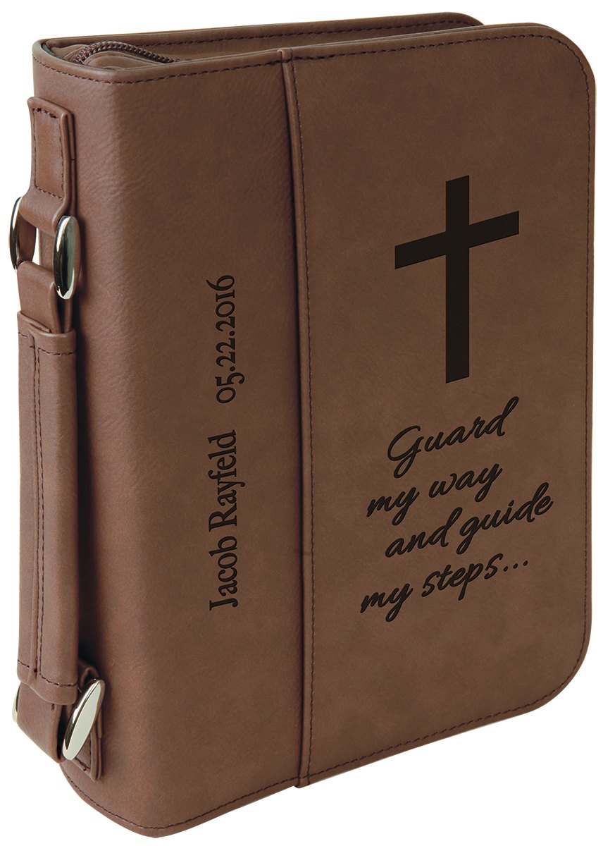 Engraved Leatherette Book and Bible Cover with Handle and Zipper - Dark Brown / 6 3/4 x 9 1/4 in