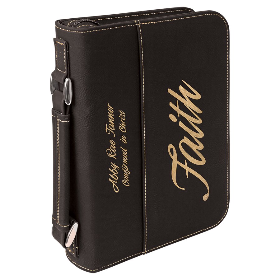 Engraved Leatherette Book and Bible Cover with Handle and Zipper - Black/Gold / 6 3/4 x 9 1/4 in