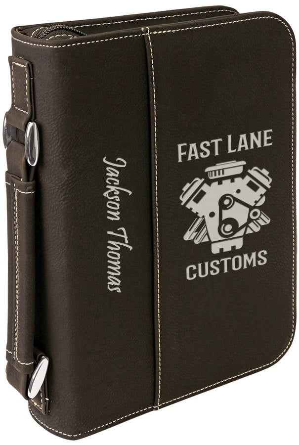 Engraved Leatherette Book and Bible Cover with Handle and Zipper - Black/Silver / 6 3/4 x 9 1/4 in