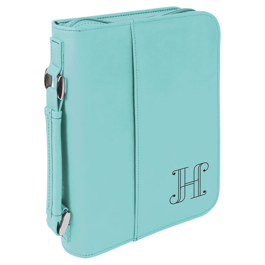 Engraved Leatherette Book and Bible Cover with Handle and Zipper - Teal / 6 3/4 x 9 1/4 in