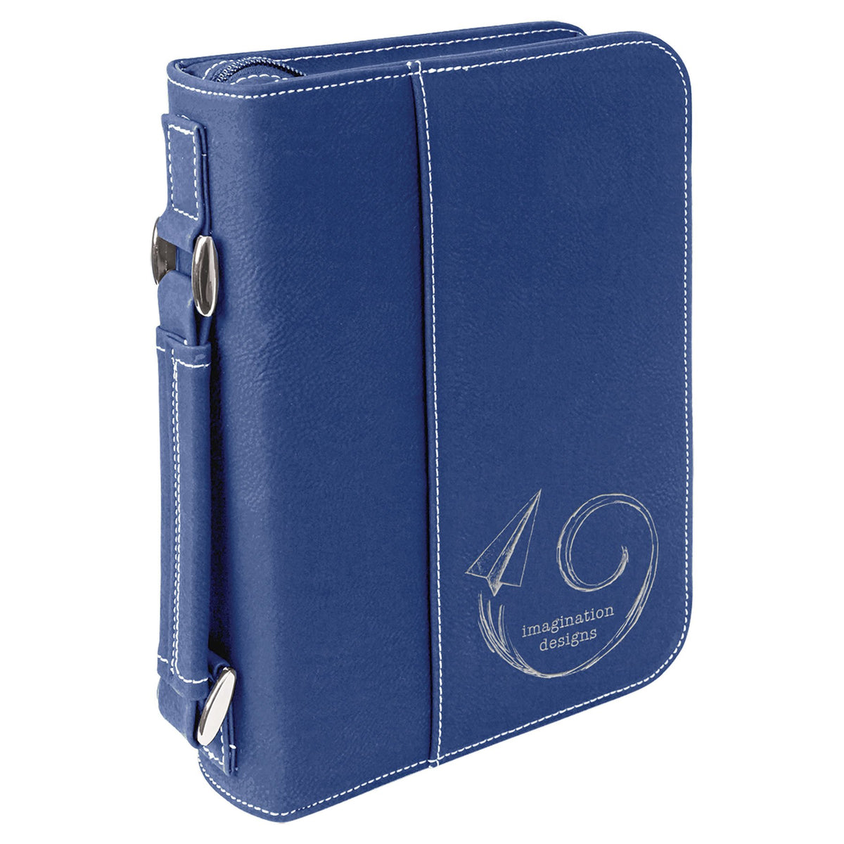 Engraved Leatherette Book and Bible Cover with Handle and Zipper - Blue/Silver / 6 3/4 x 9 1/4 in