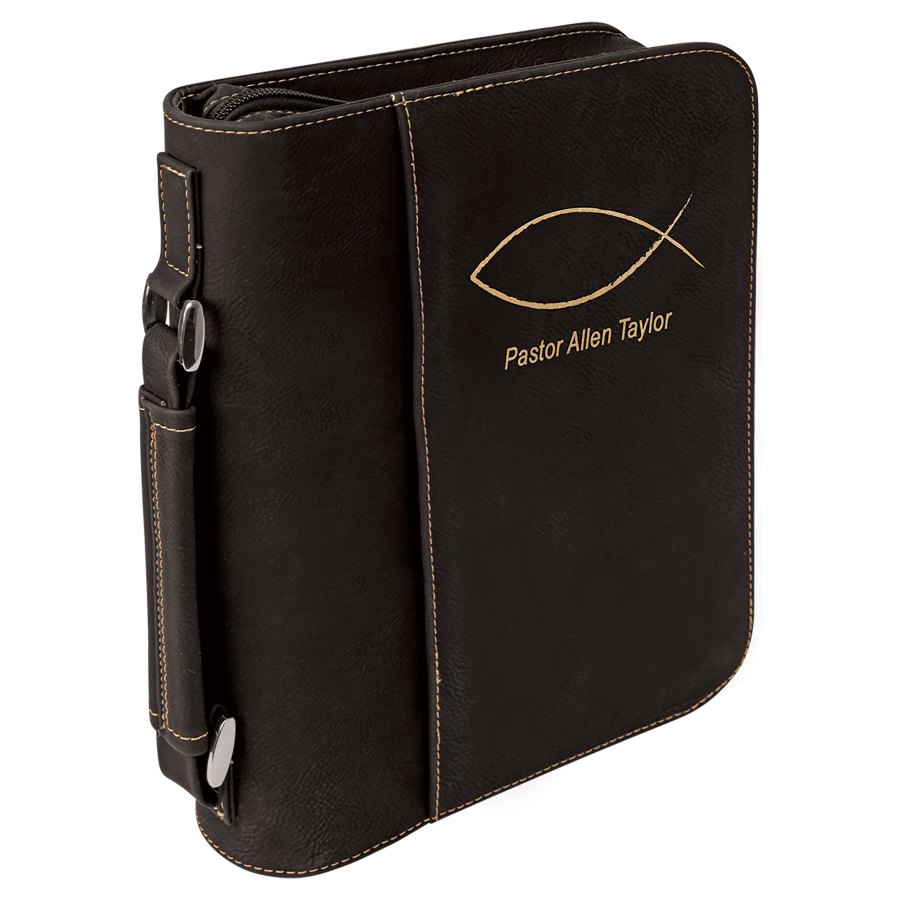 Engraved Leatherette Book and Bible Cover with Handle and Zipper - Black/Gold / 7 1/2 x 10 3/4 in