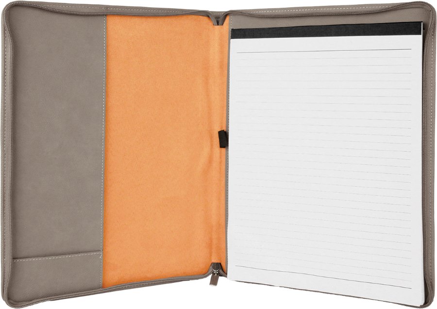 Engraved Leatherette Portfolio with Zipper and Notepad - Gray