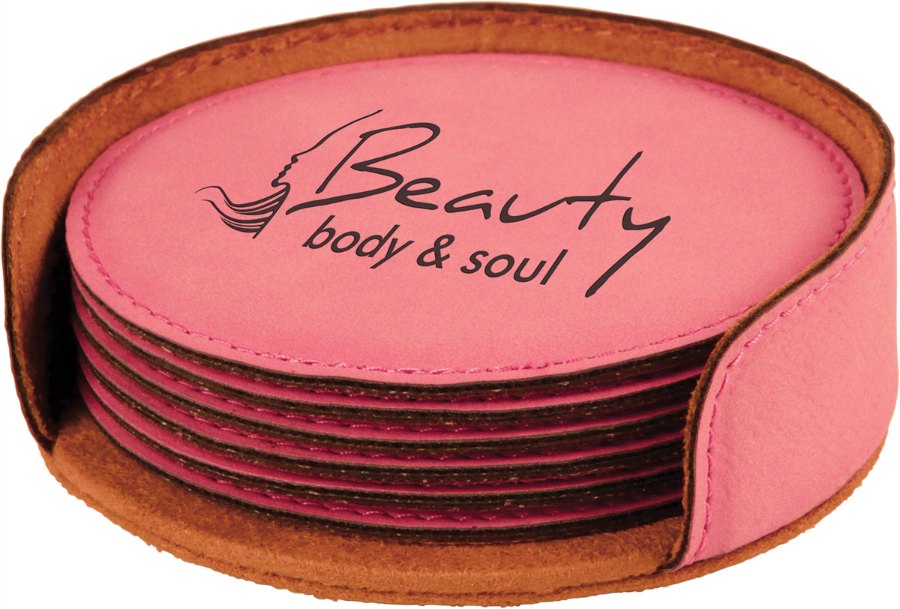 Engraved Round Leatherette 6-Coaster Set - Pink