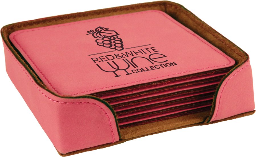 Engraved Square Leatherette 6-Coaster Set - Pink