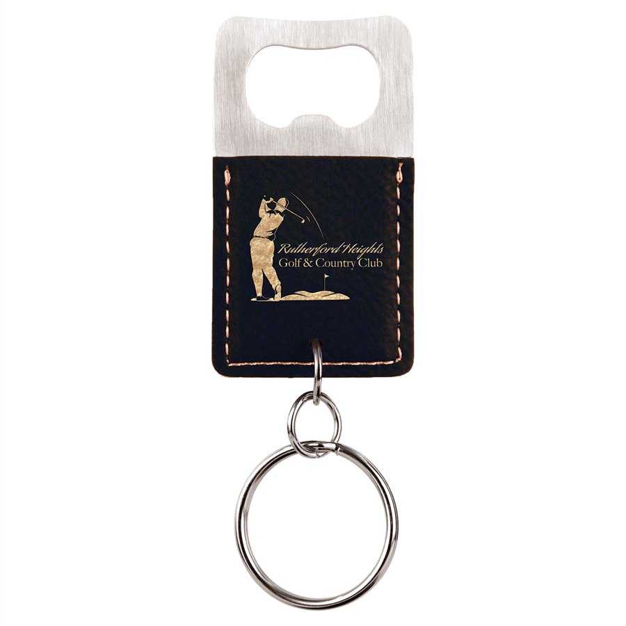 Engraved Rectangle Leatherette Bottle Opener Keychain - Black/Gold